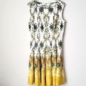 Julian Taylor New York Floral Print Gold Green Fit Flare Dress Size 12